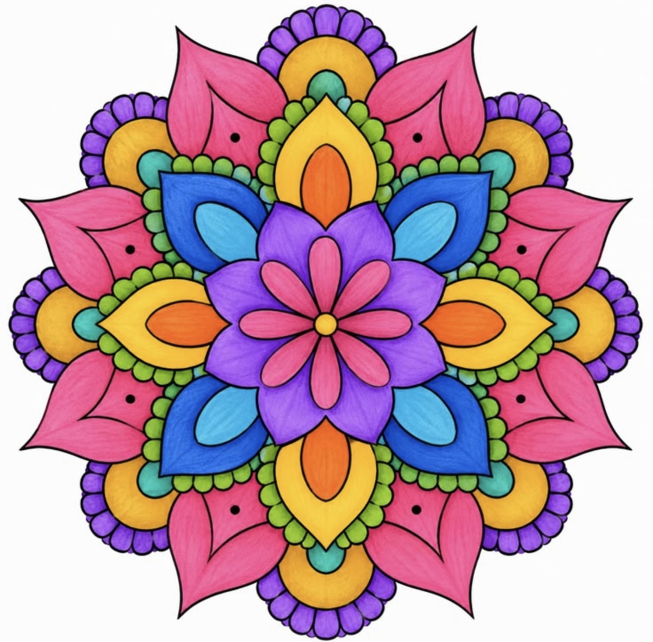 Colorful symmetrical floral mandala with layered petals on a white background.