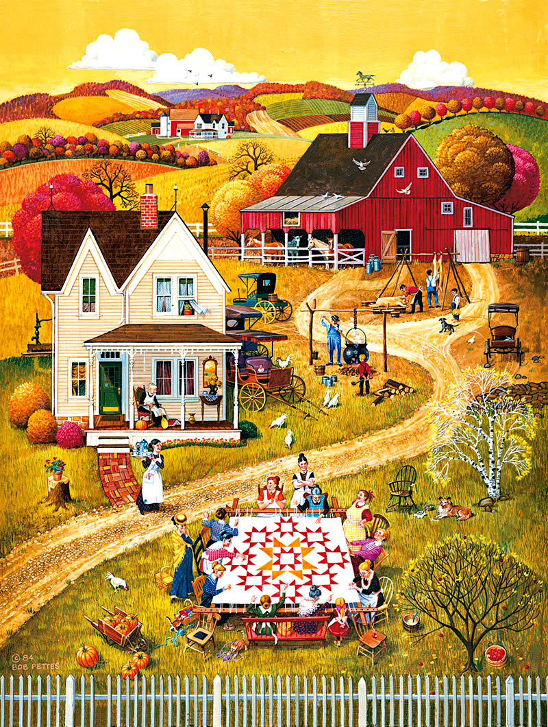 Folk art farm scene with red barn, white house, people quilting outdoors, golden autumn fields and trees