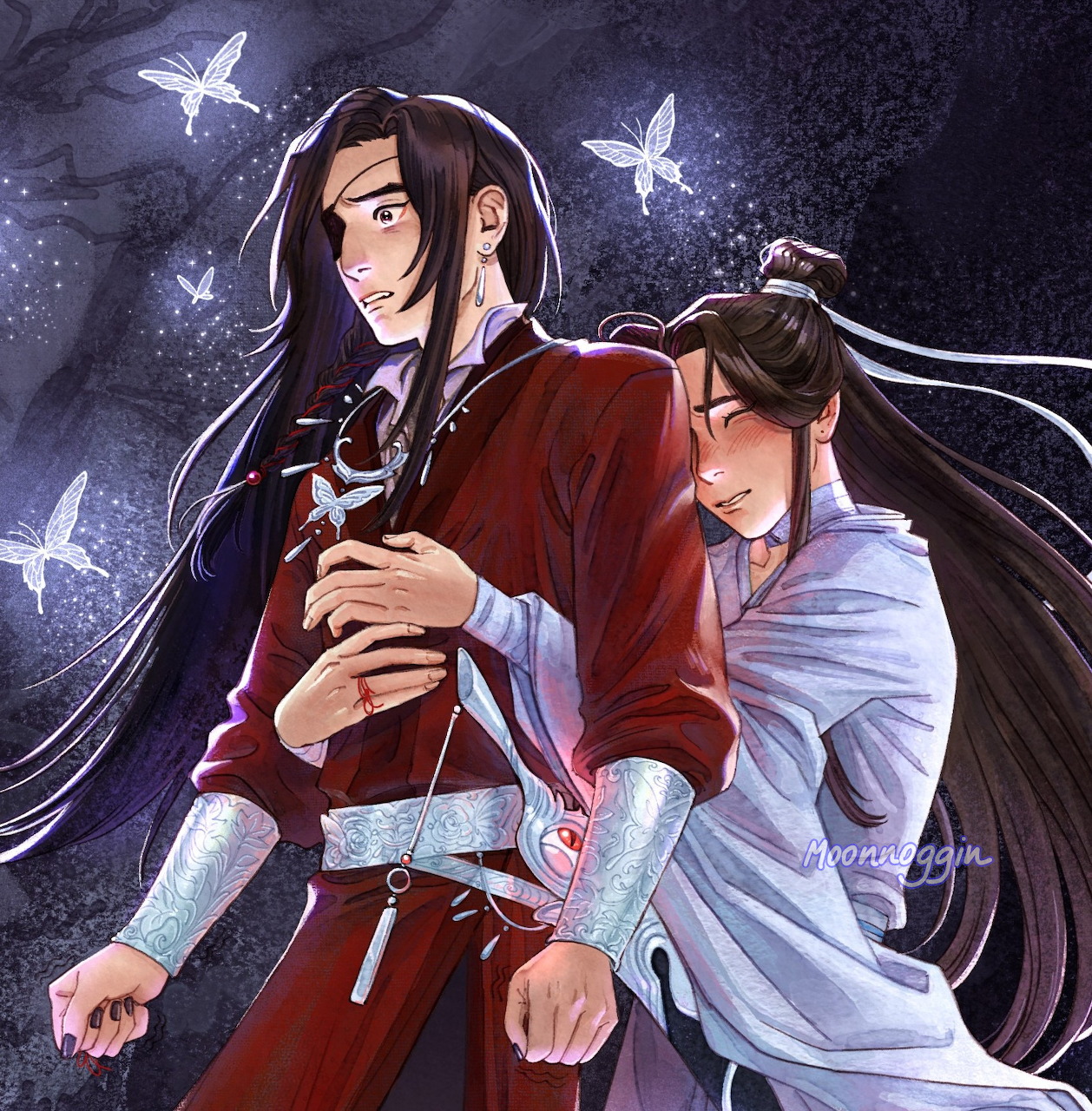 Anime-style couple in red and white robes with long black hair and glowing butterflies