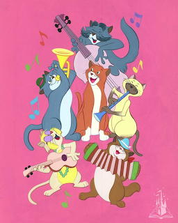 Cartoon cats from Disney's Aristocats stacked playfully on pink background with colorful confetti