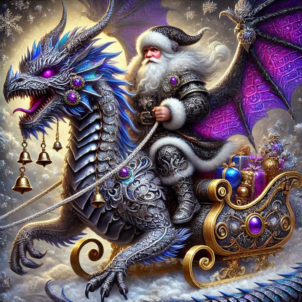 Santa Claus in elaborate sleigh pulled by blue dragon with purple wings flying through clouds
