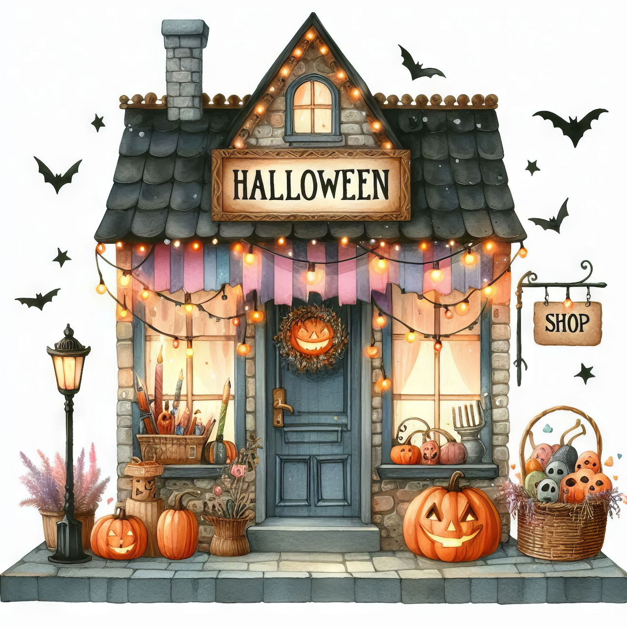 Illustrated Halloween shop with pumpkins, bats, string lights, and a hanging sign