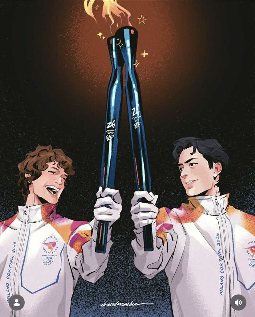 Two illustrated torch bearers in white uniforms holding a lit Olympic torch together against a dark background