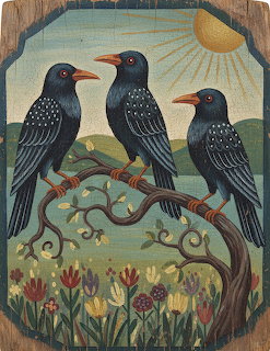 Illustration of three black crows on a curved branch above flowers under a sun