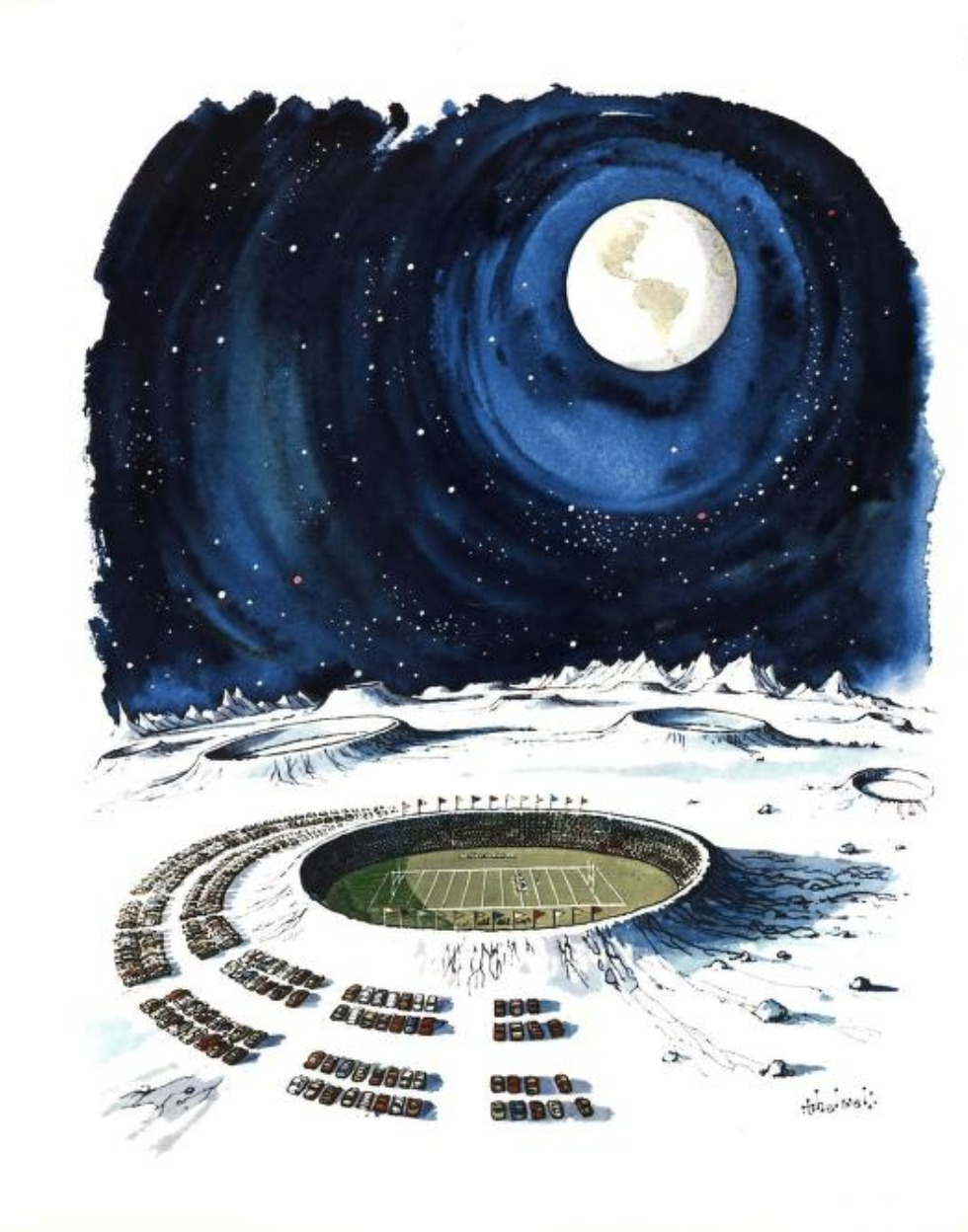 Illustration of a football stadium in a snowy moon landscape under a bright full moon