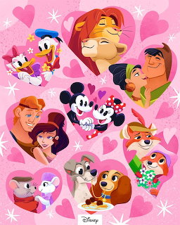 Collage of Disney cartoon couples in pink heart frames with sparkles