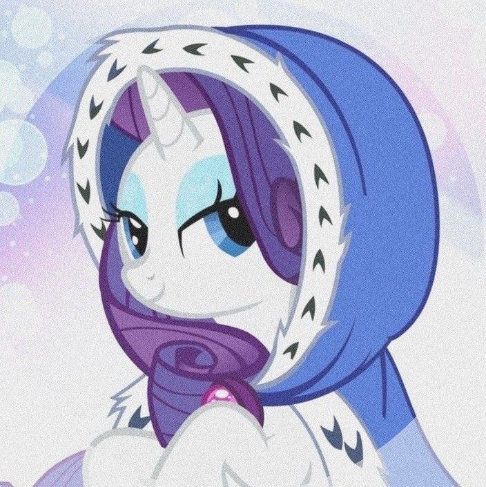 Rarity from My Little Pony in a blue hooded cloak, shown in close-up