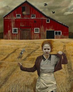 Girl in dress sits in wheat field with birds, red barn and stormy sky behind