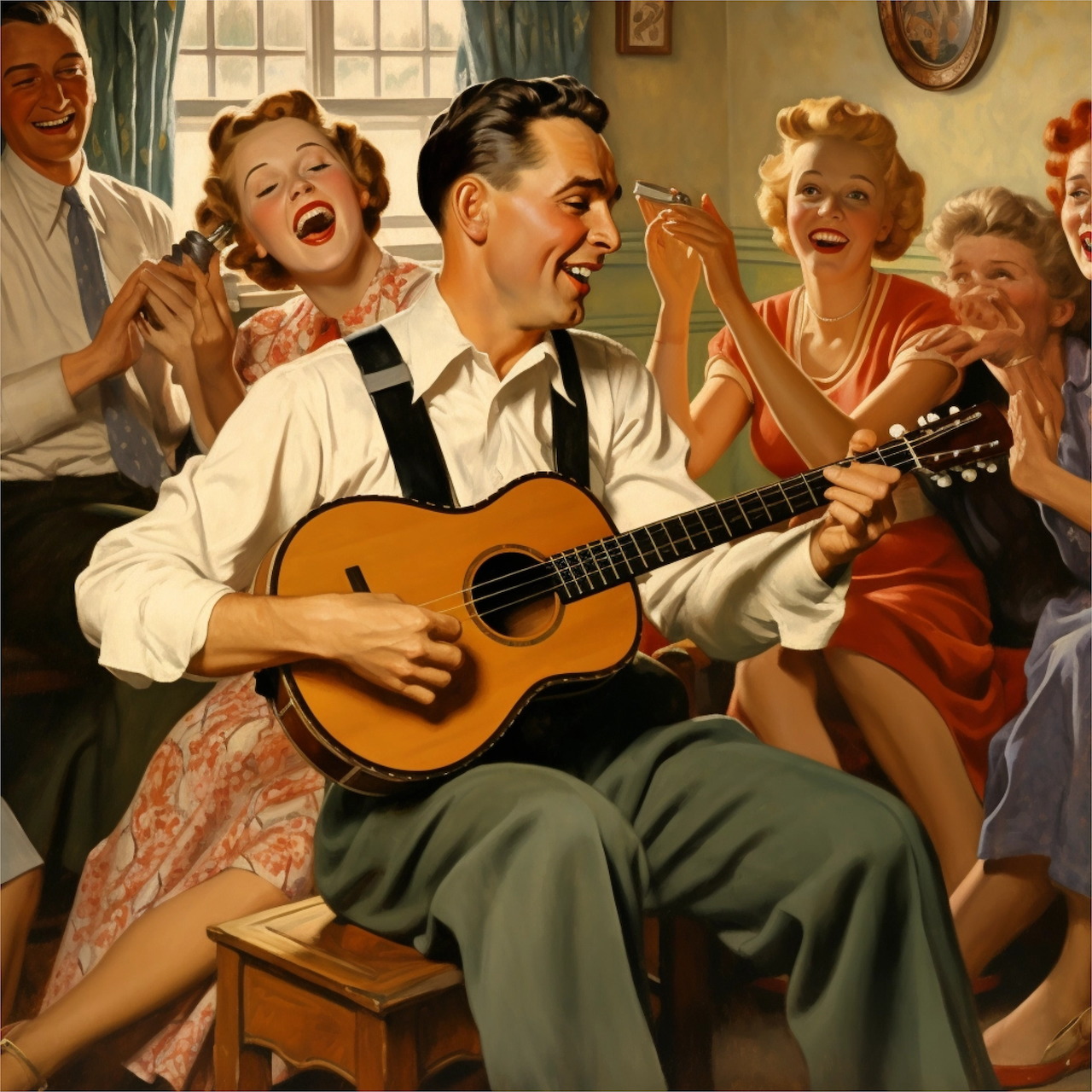 Man playing guitar at a joyful vintage party with singing guests in 1950s attire