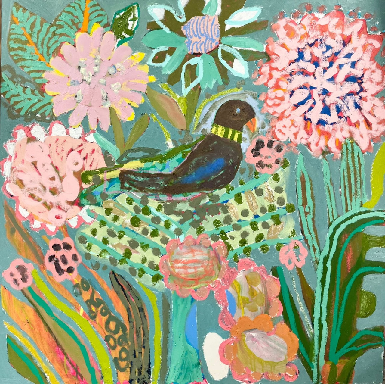 Naive style painting of blue bird surrounded by pink flowers and green leaves with folk art patterns