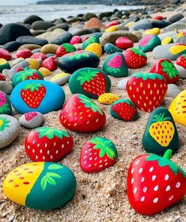 Hand-painted rocks with strawberry designs in red, yellow, and blue arranged on sandy beach with ocean backdrop