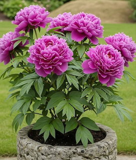 Large pink peony bloms with green leaves growing in a round stone planter on a garden lawn