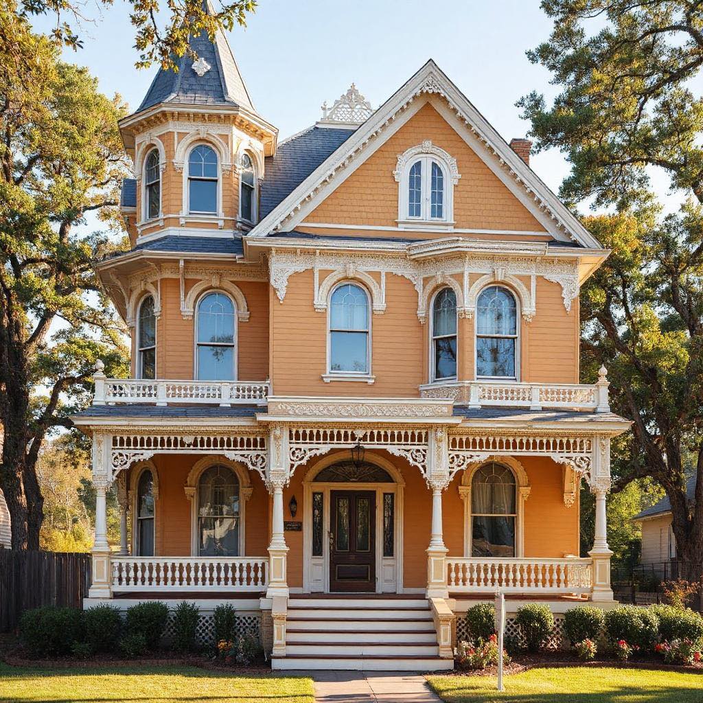 Victorian mansion with turret, wraparound porch, ornate white trim, and arched windows surrounded by oak trees