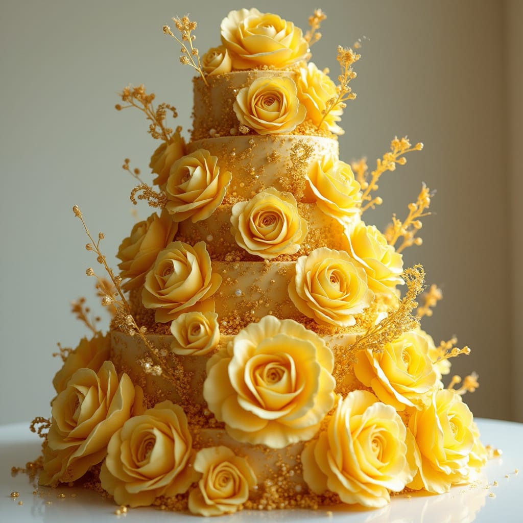 Multi-tier cake adorned with yellow sugar roses and gold decorative splashes