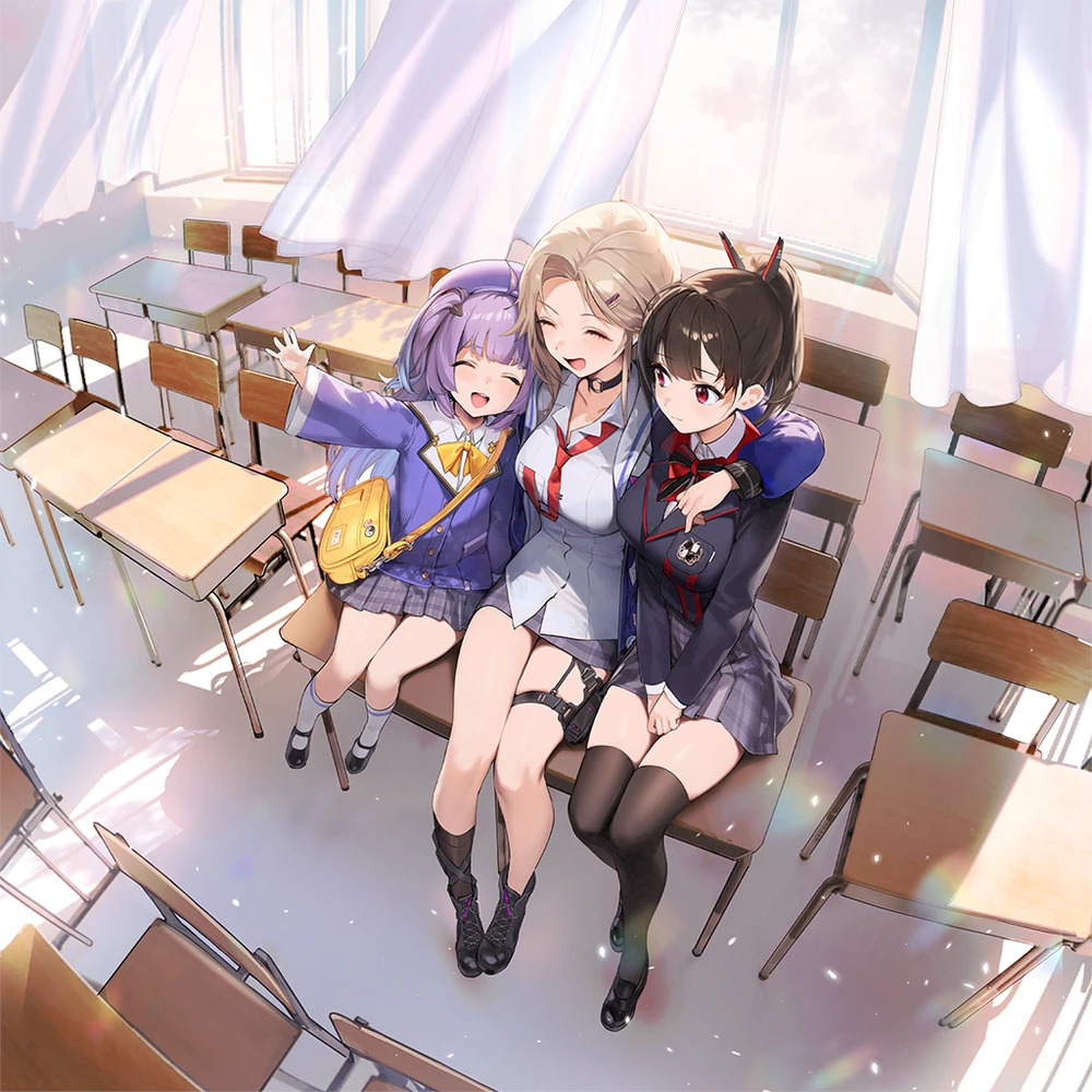 Three anime schoolgirls in blue uniforms sitting in a classroom with sunlight streaming through windows