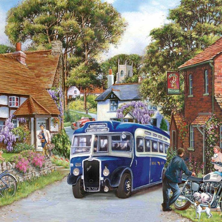 Vintage blue bus on a village lane with cottages and flowering gardens