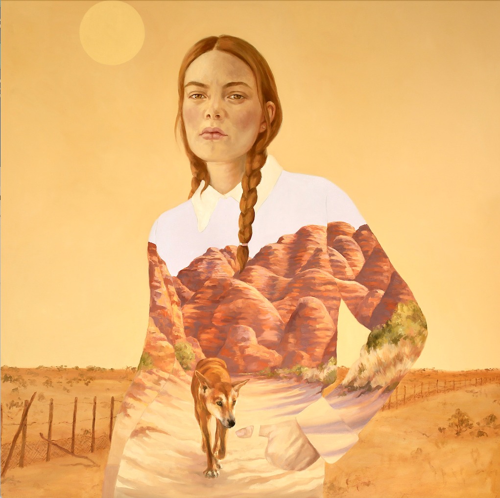 Surreal painting of a braided woman whose blouse blends into red desert cliffs in a dry landscape