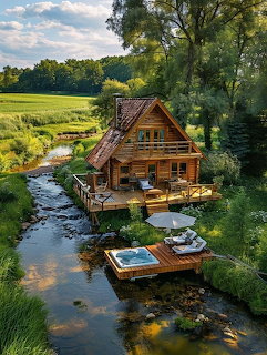 Wooden cabin beside a flowing creek surrounded by green landscape