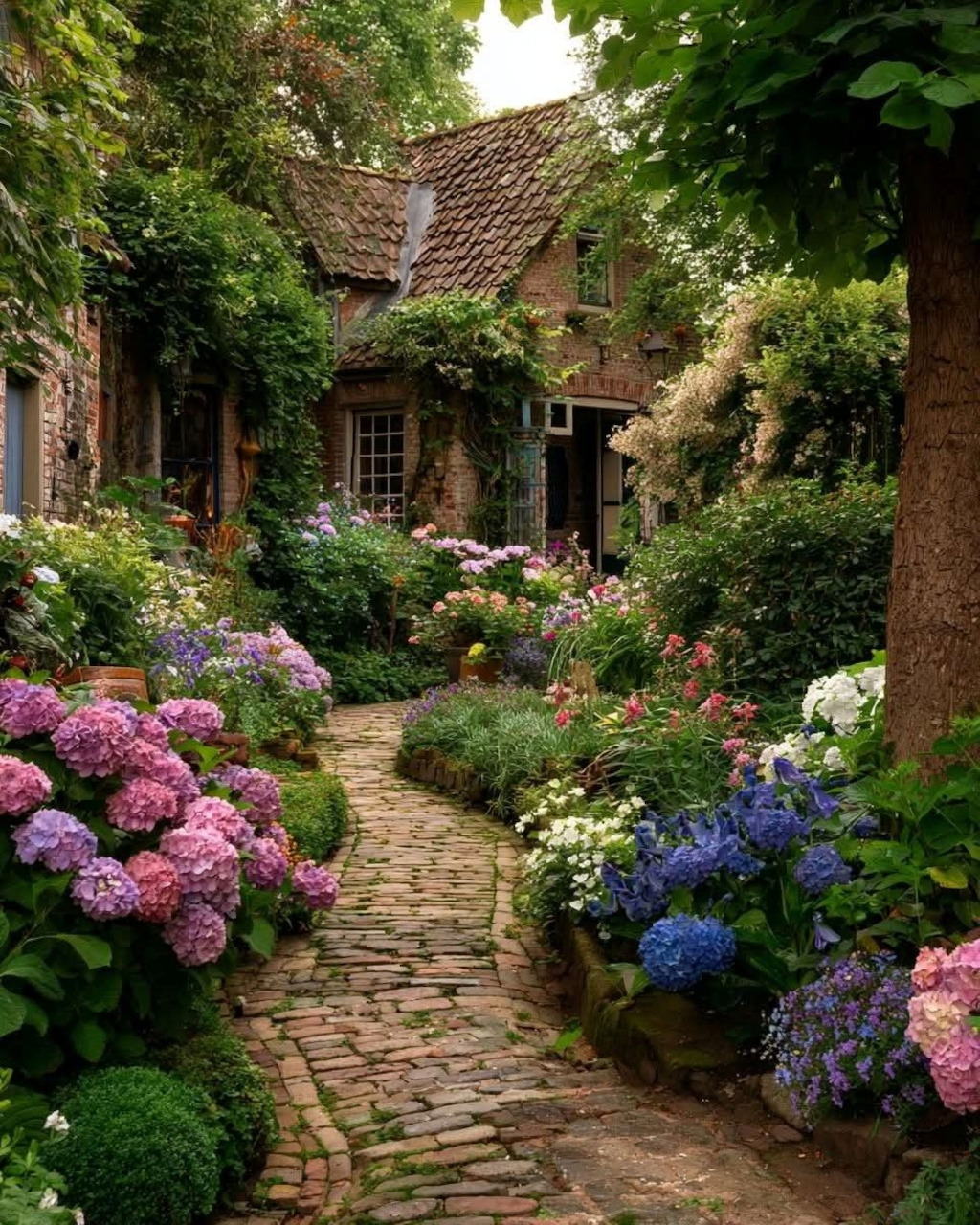 Stone path through cottage garden with pink and blue hydrangea flowers leading to brick house