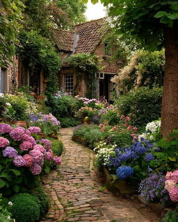 Cottage Garden Path Hydrangeas