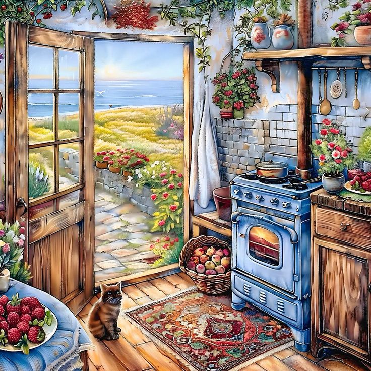 Cozy cottage kitchen with blue stove, open door to ocean view, flowers and rustic decor