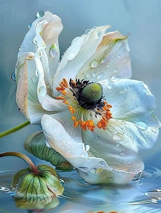 White poppy flower with ruffled petals and dark center resting on water with green seed pods