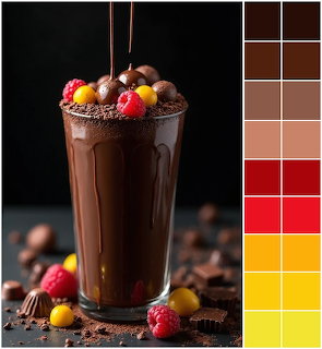 Chocolate milkshake in glass topped with raspberries and candy, with chocolate pieces scattered around and color swatches