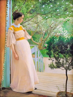 Woman in white dress watering potted tree on porch in impressionist painting