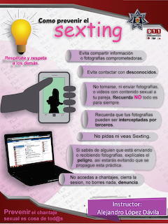 Spanish sexting prevention infographic with a phone, laptop, and online safety advice