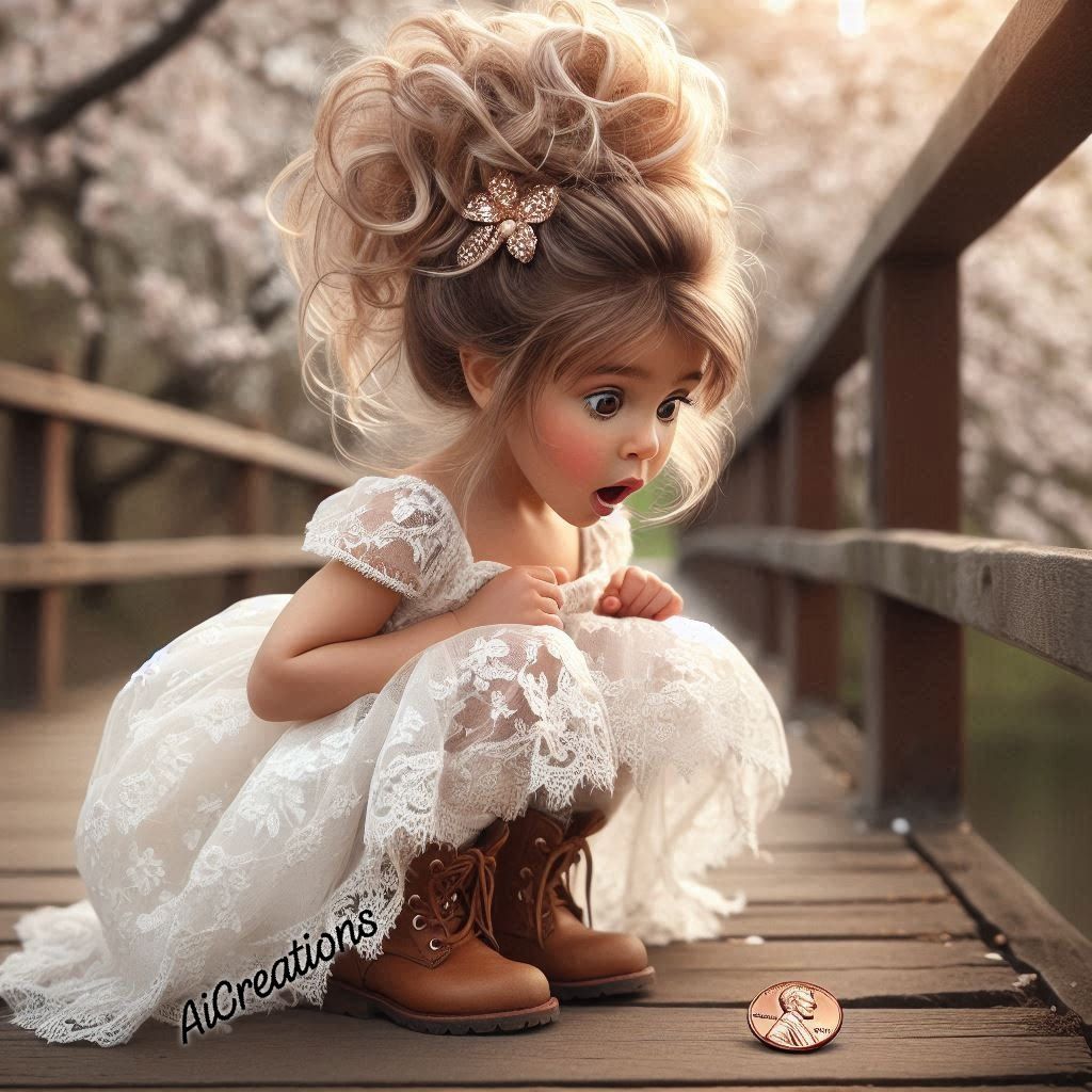 Young girl in white lace dress sitting on wooden bridge with cherry blossoms