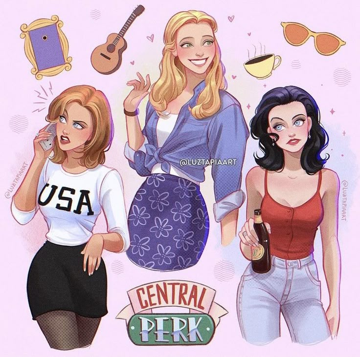 Illustration of three women from Friends TV show with guitars, coffee cup, and Central Perk logo on pink background
