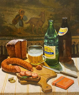 Still life painting showing beer mug, sausages, bread loaf, and green bottle on white tablecloth