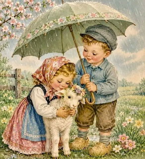 Two children hold umbrella over lamb in spring garden with flowers and ducklings