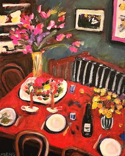 Vibrant painting showing a red dining table with flowers, plates, and decorative items in a room with striped furniture