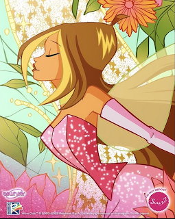 Fairy character in pink dress with wings among flowers and leaves