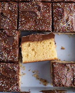 Square slices of frosted cake with chocolate icing and sprinkles, one piece stacked showing yellow cake interior