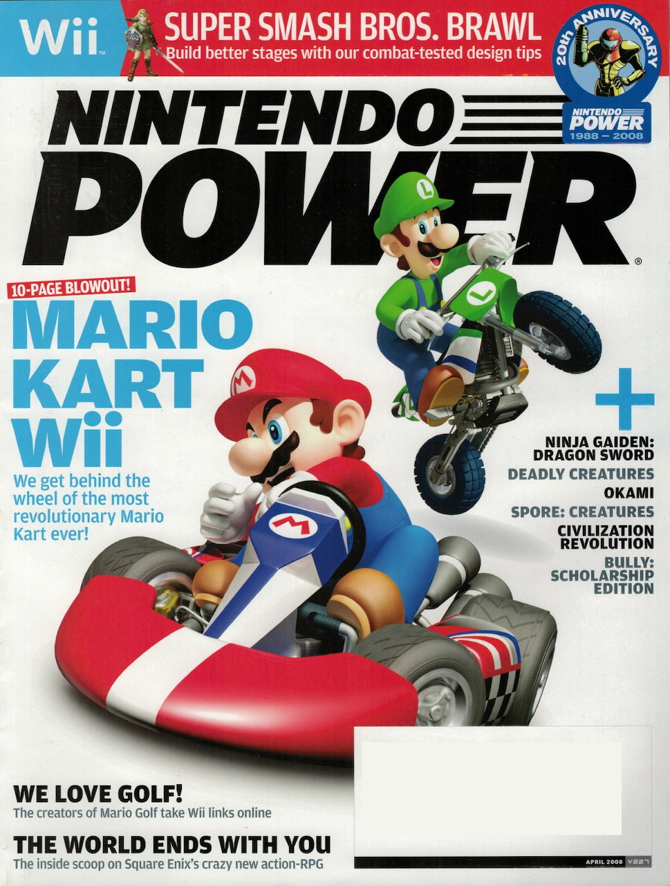 Nintendo Power magazine cover showing Mario and Luigi on motorbikes for Mario Kart Wii