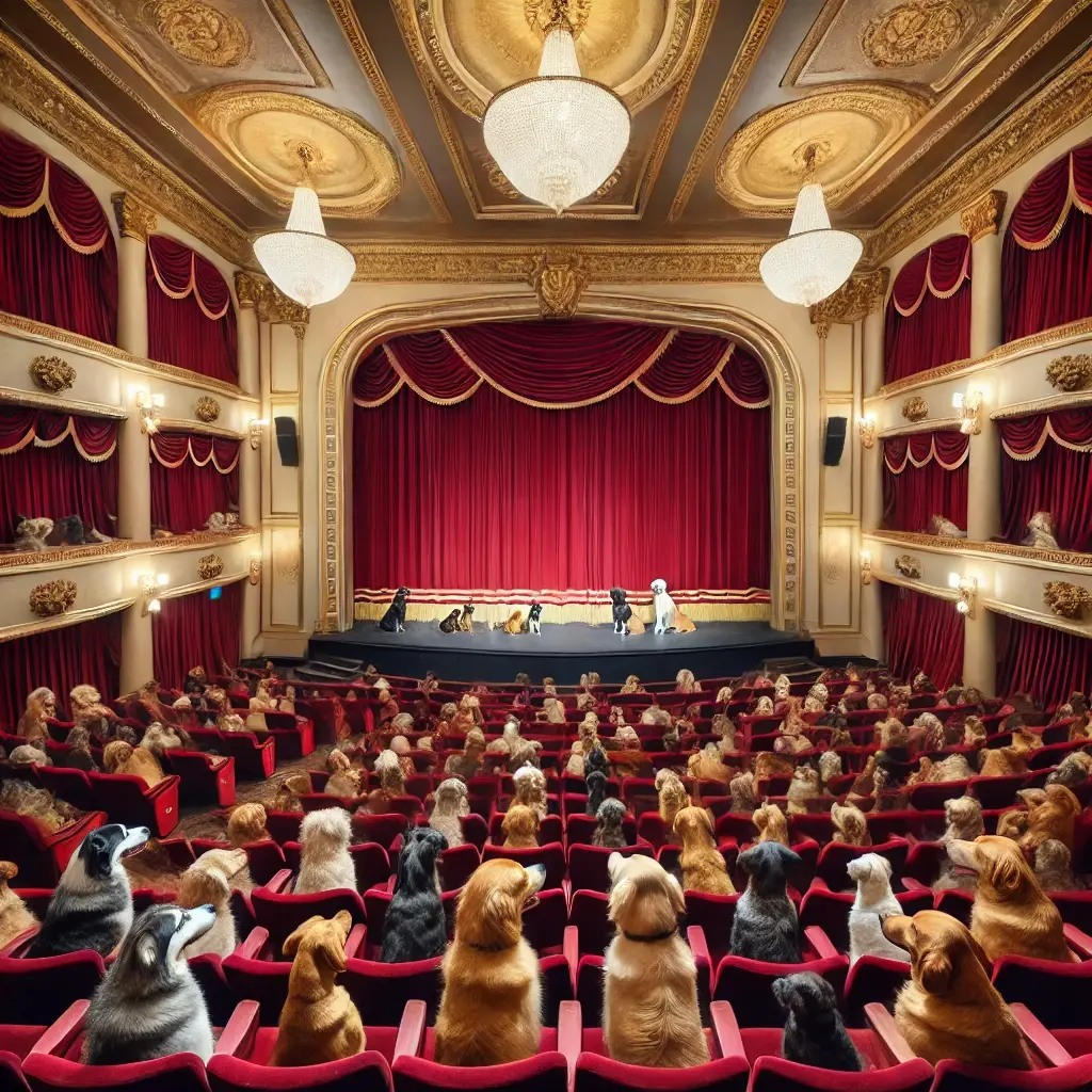 Golden retriever puppies seated in rows inside an ornate vintage theater with red curtains and golden decor