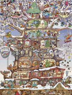 Cutaway view of whimsical tree house showing multiple floors with rooms, furniture, people, and animals in snowy scene