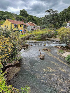 Sword stuck in rock in shallow river with cottages and trees behind under cloudy sky