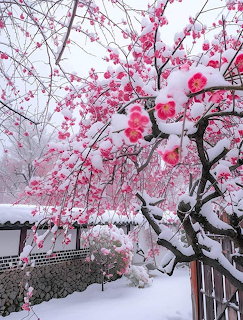 Pink flowering tree branches covered in snow in a garden near a stone wall
