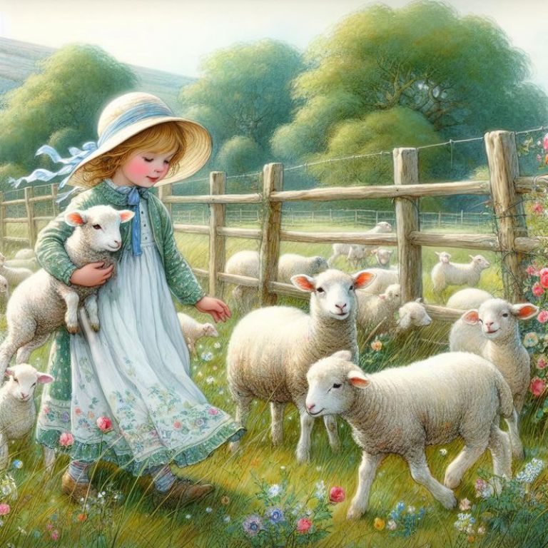 Girl with Lambs in Meadow