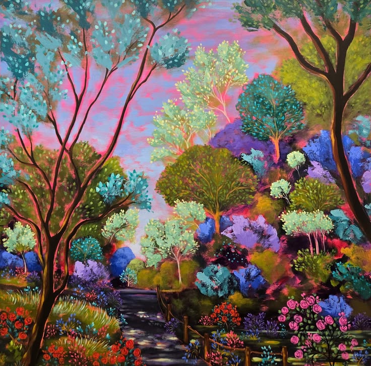 Colorful fantasy garden painting with vibrant trees, flowers, and path under pink sky