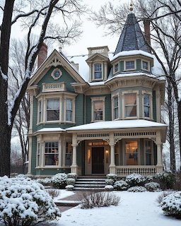 Victorian mansion with turret and ornate trim covered in winter snow with bare trees