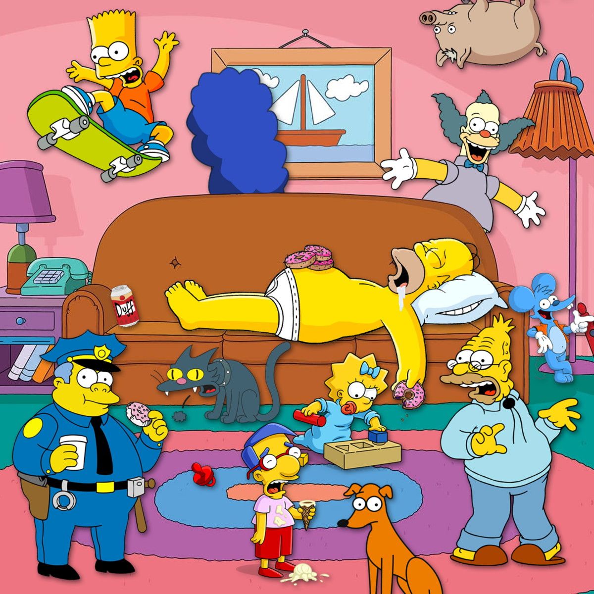 The Simpsons characters gathered in their living room around the couch