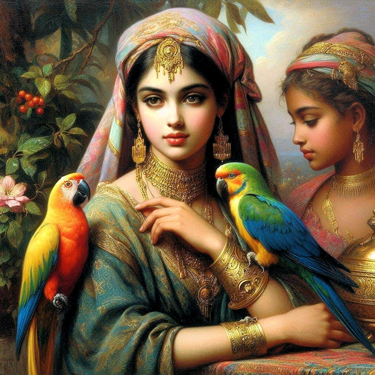 Two women in elaborate Indian clothing and jewelry pose with colorful parrots amid flowering plants