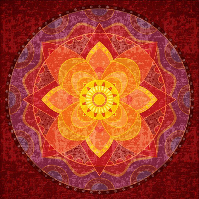 Geometric lotus mandala with golden center and orange-to-purple gradient petals on red background