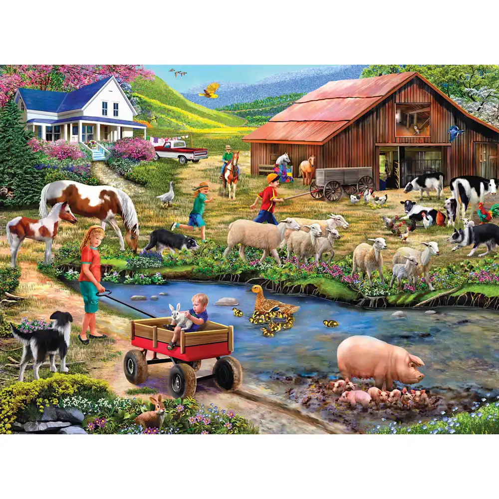 Illustrated farm scene with barn, animals, pond, people working, and green hills under blue sky