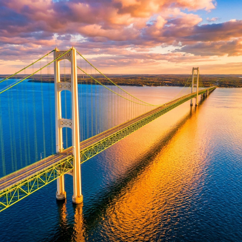 Suspension bridge over water at sunset with golden reflections and colorful clouds