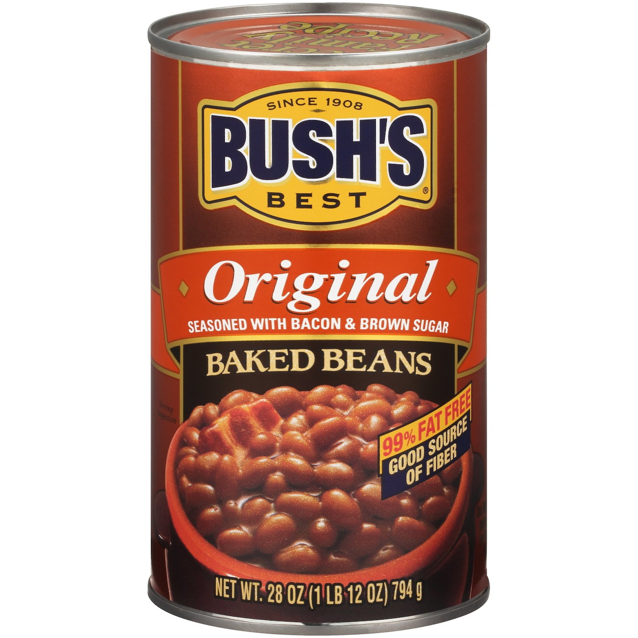 Bush's Best Original Baked Beans can with red and brown label showing cooked beans